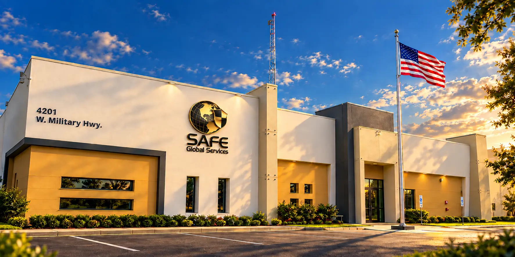 SAFE Global Services office facade in McAllen, Texas, with the American flag